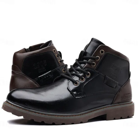 Sale OUKU Men's Vintage Brown Faux Leather Ankle Boots – Classic Lace-Up Design with Rugged Sole for Work & Casual Wear