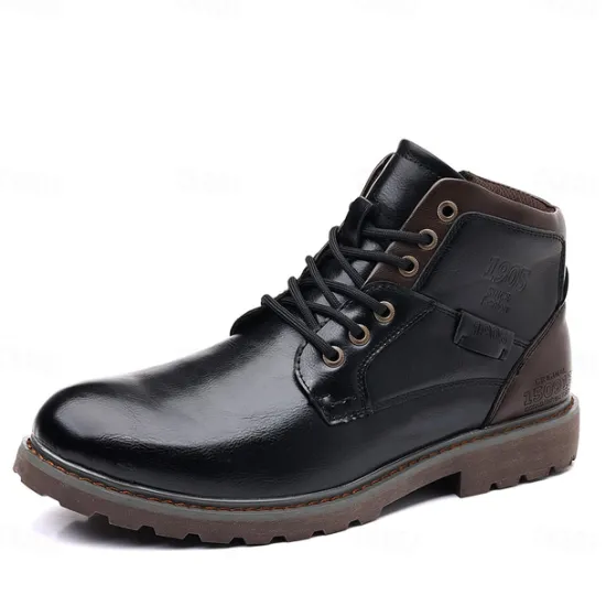Sale OUKU Men's Vintage Brown Faux Leather Ankle Boots – Classic Lace-Up Design with Rugged Sole for Work & Casual Wear