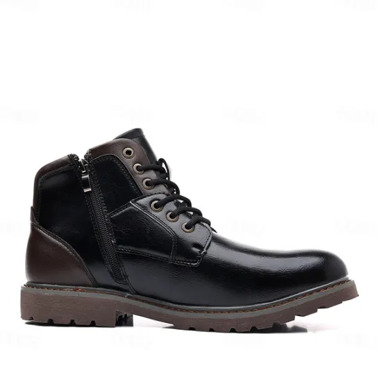 Sale OUKU Men's Vintage Brown Faux Leather Ankle Boots – Classic Lace-Up Design with Rugged Sole for Work & Casual Wear