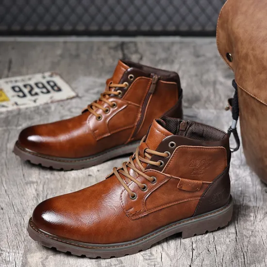 Sale OUKU Men's Vintage Brown Faux Leather Ankle Boots – Classic Lace-Up Design with Rugged Sole for Work & Casual Wear