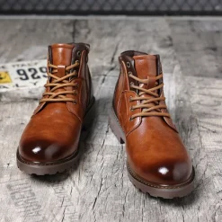 Sale OUKU Men's Vintage Brown Faux Leather Ankle Boots – Classic Lace-Up Design with Rugged Sole for Work & Casual Wear