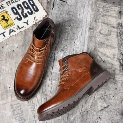 Sale OUKU Men's Vintage Brown Faux Leather Ankle Boots – Classic Lace-Up Design with Rugged Sole for Work & Casual Wear