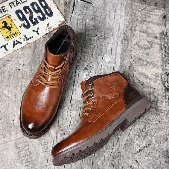 Sale OUKU Men's Vintage Brown Faux Leather Ankle Boots – Classic Lace-Up Design with Rugged Sole for Work & Casual Wear