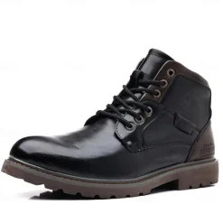 Sale OUKU Men's Vintage Brown Faux Leather Ankle Boots – Classic Lace-Up Design with Rugged Sole for Work & Casual Wear