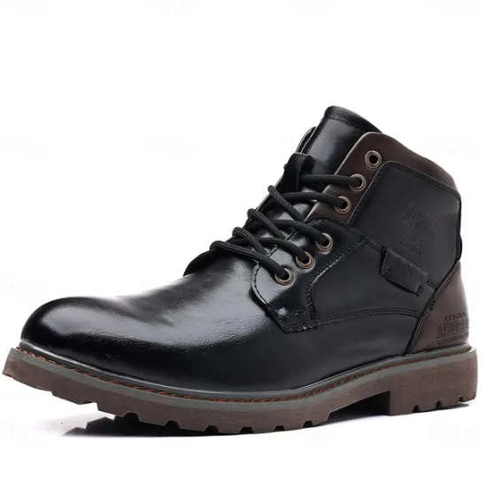 Sale OUKU Men's Vintage Brown Faux Leather Ankle Boots – Classic Lace-Up Design with Rugged Sole for Work & Casual Wear