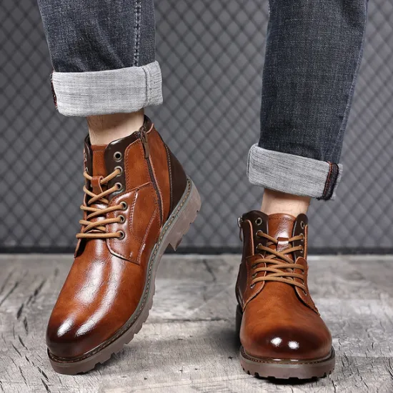 Sale OUKU Men's Vintage Brown Faux Leather Ankle Boots – Classic Lace-Up Design with Rugged Sole for Work & Casual Wear