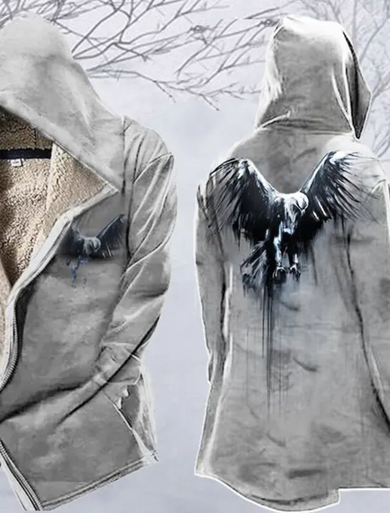 Hot OUKU Men's Vintage Eagle Winter Coat Fleece Jacket Coat Warm Breathable Comfortable Fashion Streetwear Casual Daily Sports & Outdoor Daily Wear Going out Zipper Pocket Print Fall & Winter Hoodie Long