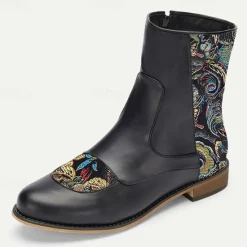 Discount OUKU Men's Vintage Elegance Embroidered Jacquard Fabric and Faux Leather Ankle Boots for Formal and Casual Wear Black