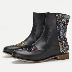 Discount OUKU Men's Vintage Elegance Embroidered Jacquard Fabric and Faux Leather Ankle Boots for Formal and Casual Wear Black