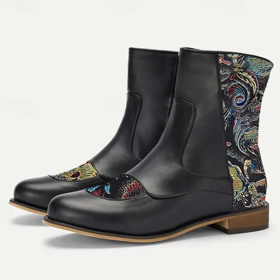 Discount OUKU Men's Vintage Elegance Embroidered Jacquard Fabric and Faux Leather Ankle Boots for Formal and Casual Wear Black