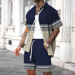 Best OUKU Men's Vintage Geometry Ethnic 2pcs Shirts Sets Summer Hawaiian Shirt Short Sleeve Short Pants Turndown Fashion Streetwear Designer Outdoor Street Daily Print Summer Spring Wine Navy Blue
