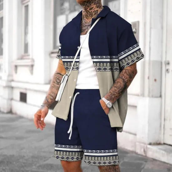 Best OUKU Men's Vintage Geometry Ethnic 2pcs Shirts Sets Summer Hawaiian Shirt Short Sleeve Short Pants Turndown Fashion Streetwear Designer Outdoor Street Daily Print Summer Spring Wine Navy Blue