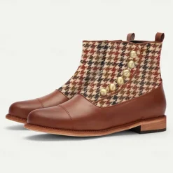 New OUKU Men's Vintage Houndstooth Ankle Boots with Faux Leather Accents and Decorative Buttons – Stylish Formal Boots for Fall and Winter Brown