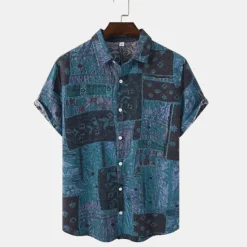 Hot OUKU Men's Vintage Shirt Boho Shirt Button Up Shirt Short Sleeve Fashion Designer Casual Casual Daily Spring & Summer Turndown Button-Down Blue Purple Green Coffee