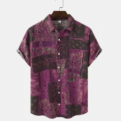 Hot OUKU Men's Vintage Shirt Boho Shirt Button Up Shirt Short Sleeve Fashion Designer Casual Casual Daily Spring & Summer Turndown Button-Down Blue Purple Green Coffee