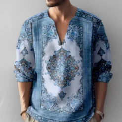 Sale OUKU Men's Vintage Shirt Button Up Shirt Long Sleeve Fashion Streetwear Designer Outdoor Casual Daily Summer Spring Fall Stand Collar Print Blue-Green Blue Green Khaki Gray