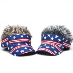 Hot OUKU Men's Visor Hat with Spiked Wigs Fake Hair Visor Wig Men Sun Hat Baseball Cap Wig Hat Coffee Gray Polyester / Cotton Blend Print Fashion Casual Daily Independence Day American Flag Adjustable