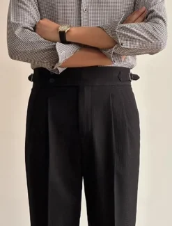 Hot OUKU Men's Waffle Graduation Dress Pants Naples Trousers Trousers Buttons Pocket Solid Colored Comfort Formal Party Work Fashion Classic Style Black White Micro-elastic