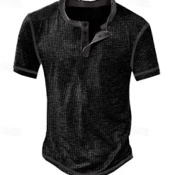 Best OUKU Men's Waffle Henley Shirt Tee Short Sleeve Plaid Checkered Fashion Designer Comfortable Buttons Henley Outdoor Casual Daily Summer Black White Yellow Henley T-Shirt