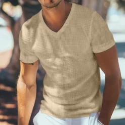 Online OUKU Men's Waffle Henley Shirt Tee Top Short Sleeve V Neck Summer Solid Color Fashion Designer Comfortable Buttons Outdoor Casual Daily White khaki Top Tee for Men