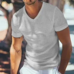 Online OUKU Men's Waffle Henley Shirt Tee Top Short Sleeve V Neck Summer Solid Color Fashion Designer Comfortable Buttons Outdoor Casual Daily White khaki Top Tee for Men
