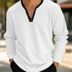 New OUKU Men's Waffle Henley Shirt Tee Top Long Sleeve Shirt Solid Color V Neck Outdoor Casual Long Sleeve Patchwork Button Clothing Apparel Fashion Designer Comfortable