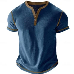 Hot OUKU Men's Waffle Henley Shirt Tee Short Sleeve Solid Color Vintage Buttons Henley Outdoor Casual Daily Summer Black White Yellow Henley T-Shirt