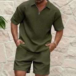 OUKU Men's Waffle Henley Shirt T-shirt Suits Tracksuit Tennis Shirt Short Sleeves Polo Collar Summer Solid Color Drawing Gymnatics Casual Zipper 2 Piece Vacation Daily Wear Activewear Army Green Black