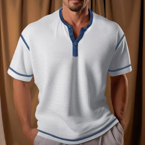 Online OUKU Men's Waffle Henley Shirt Henley Shirt Tee Top Color Block Henley Street Vacation Short Sleeves Patchwork Knitted Clothing Apparel Polyester Fashion Designer Basic
