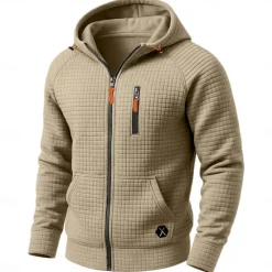 Sale OUKU Men's Waffle Hoodies Full Zip Hoodie Tactical Hoodie Black Khaki Light Grey Hooded Plain Zipper Pocket Work Sports & Outdoor Casual Streetwear Basic Casual Spring & Fall Cross-Seasons Clothing