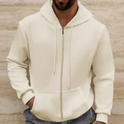 Best OUKU Men's Waffle Hoodies Hoodie Full Zip Hoodie Black White Royal Blue Beige Gray Hooded Plain Pocket Sports & Outdoor Daily Holiday Streetwear Cool Casual Spring & Fall Clothing Apparel Hoodies