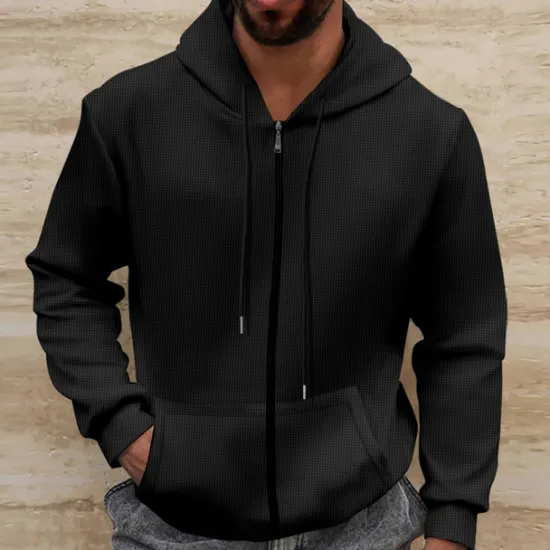 Best OUKU Men's Waffle Hoodies Hoodie Full Zip Hoodie Black White Royal Blue Beige Gray Hooded Plain Pocket Sports & Outdoor Daily Holiday Streetwear Cool Casual Spring & Fall Clothing Apparel Hoodies