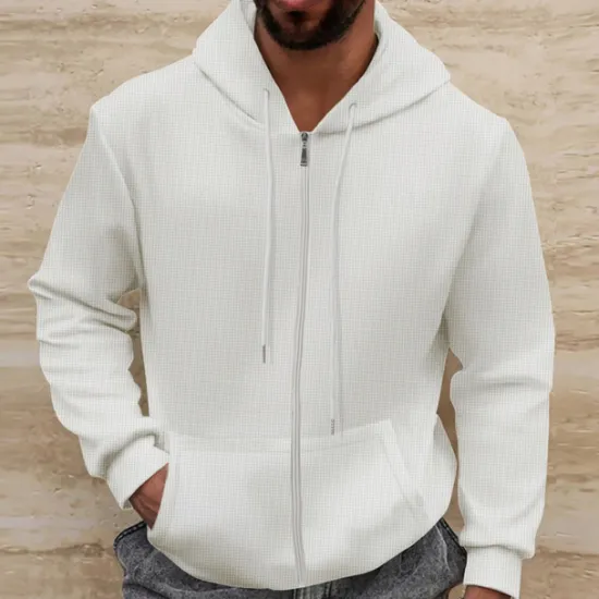 Best OUKU Men's Waffle Hoodies Hoodie Full Zip Hoodie Black White Royal Blue Beige Gray Hooded Plain Pocket Sports & Outdoor Daily Holiday Streetwear Cool Casual Spring & Fall Clothing Apparel Hoodies