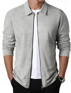 Discount OUKU Men's Waffle Jacket Transition Jacket Daily Lightweight Pocket Spring & Fall Plain Classic Lapel Regular Waffle Fabric Black White Royal Blue Khaki Light Grey Jacket