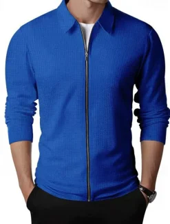 Discount OUKU Men's Waffle Jacket Transition Jacket Daily Lightweight Pocket Spring & Fall Plain Classic Lapel Regular Waffle Fabric Black White Royal Blue Khaki Light Grey Jacket