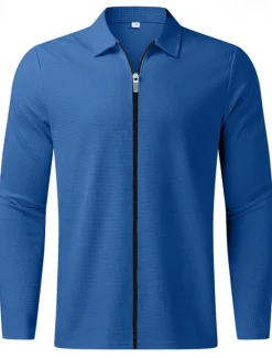 Discount OUKU Men's Waffle Jacket Transition Jacket Daily Lightweight Pocket Spring & Fall Plain Classic Lapel Regular Waffle Fabric Black White Royal Blue Khaki Light Grey Jacket