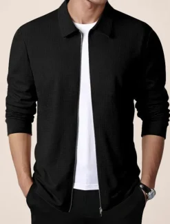 Discount OUKU Men's Waffle Jacket Transition Jacket Daily Lightweight Pocket Spring & Fall Plain Classic Lapel Regular Waffle Fabric Black White Royal Blue Khaki Light Grey Jacket
