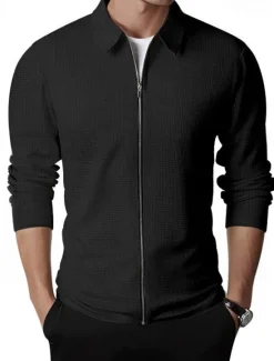 Discount OUKU Men's Waffle Jacket Transition Jacket Daily Lightweight Pocket Spring & Fall Plain Classic Lapel Regular Waffle Fabric Black White Royal Blue Khaki Light Grey Jacket