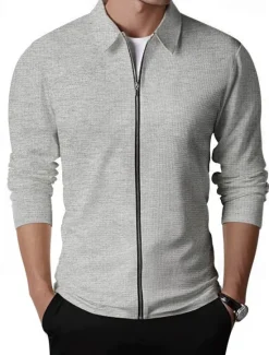 Discount OUKU Men's Waffle Jacket Transition Jacket Daily Lightweight Pocket Spring & Fall Plain Classic Lapel Regular Waffle Fabric Black White Royal Blue Khaki Light Grey Jacket