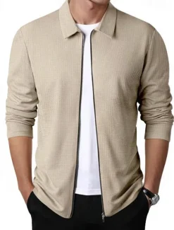 Discount OUKU Men's Waffle Jacket Transition Jacket Daily Lightweight Pocket Spring & Fall Plain Classic Lapel Regular Waffle Fabric Black White Royal Blue Khaki Light Grey Jacket