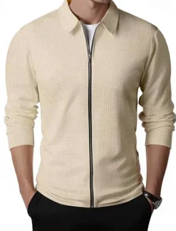 Discount OUKU Men's Waffle Jacket Transition Jacket Daily Lightweight Pocket Spring & Fall Plain Classic Lapel Regular Waffle Fabric Black White Royal Blue Khaki Light Grey Jacket