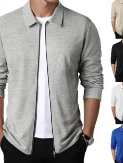 Discount OUKU Men's Waffle Jacket Transition Jacket Daily Lightweight Pocket Spring & Fall Plain Classic Lapel Regular Waffle Fabric Black White Royal Blue Khaki Light Grey Jacket