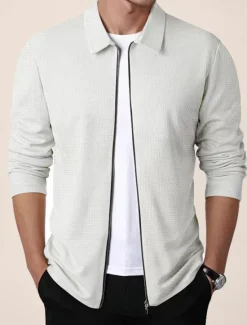 Discount OUKU Men's Waffle Jacket Transition Jacket Daily Lightweight Pocket Spring & Fall Plain Classic Lapel Regular Waffle Fabric Black White Royal Blue Khaki Light Grey Jacket