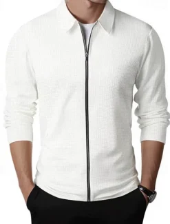 Discount OUKU Men's Waffle Jacket Transition Jacket Daily Lightweight Pocket Spring & Fall Plain Classic Lapel Regular Waffle Fabric Black White Royal Blue Khaki Light Grey Jacket