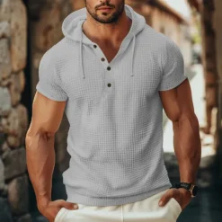 Clearance OUKU Men's Waffle Knit Tee Tee Top Short Sleeve Hooded Summer Solid Color Daily Casual Buttons Hooded Outdoor Street Causal White Gray Green Top Tee for Men