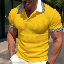 Sale OUKU Men's Waffle Polo Shirt Business Polo Work Casual Lapel Ribbed Polo Collar Short Sleeve Modern Old Money Style Color Block Patchwork Button Spring & Summer Regular Fit Light Yellow Dark red Black