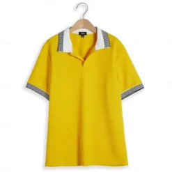 Sale OUKU Men's Waffle Polo Shirt Business Polo Work Casual Lapel Ribbed Polo Collar Short Sleeve Modern Old Money Style Color Block Patchwork Button Spring & Summer Regular Fit Light Yellow Dark red Black
