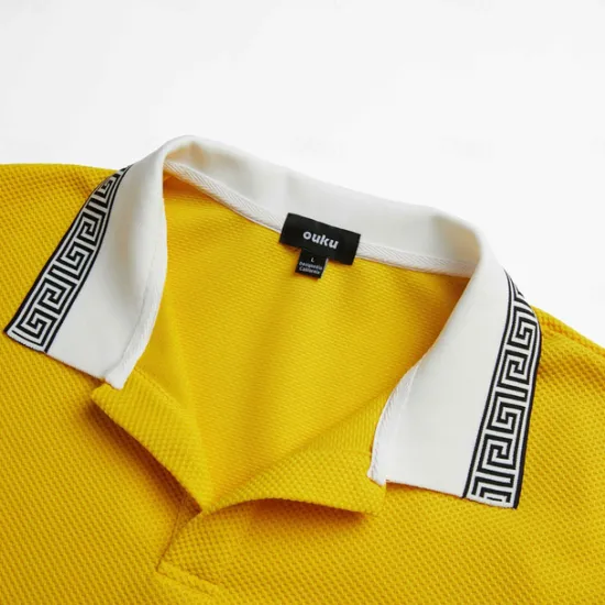 Sale OUKU Men's Waffle Polo Shirt Business Polo Work Casual Lapel Ribbed Polo Collar Short Sleeve Modern Old Money Style Color Block Patchwork Button Spring & Summer Regular Fit Light Yellow Dark red Black