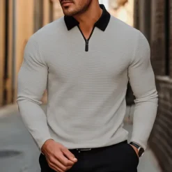 Hot OUKU Men's Waffle Polo Shirt Golf Shirt Outdoor Causal Quarter Zip Long Sleeve Fashion Modern Solid Color Knitted Spring & Fall Standard Fit White Yellow Pink Light Grey Waffle Polo Shirt