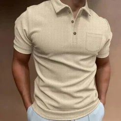 OUKU Men's Waffle Polo Shirt Golf Shirt Casual Daily Polo Collar Classic Short Sleeve Fashion Modern Solid Colored Pocket Button Front Spring & Summer Regular Fit Black White Blue Khaki Gray Waffle Polo